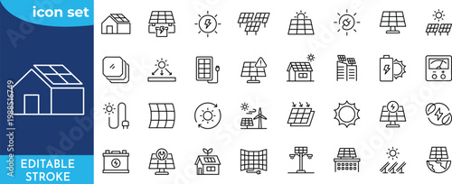 Solar Energy line editable icon set. Editable stroke.