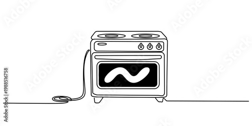 Continuous line drawing of a kitchen electric oven and stove with power cord on white background Vector, illustration