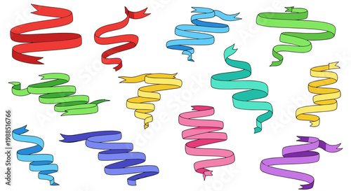 A colorful collection of swirling ribbon icons in various vibrant hues