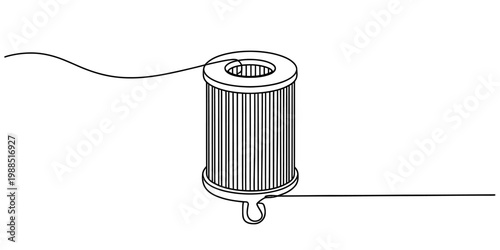Continuous line drawing of a cylindrical automotive oil filter component on a white background Vector, illustration