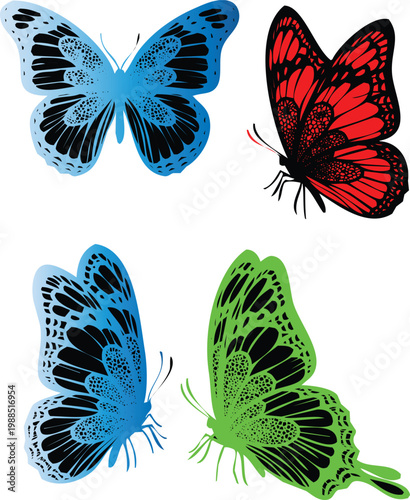 A vibrant display of four stylized butterflies in differing colors against a stark white background silhouette high quality professional detailed modern