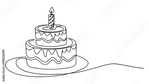 Simple line art illustration of a two-tiered birthday cake with a single lit candle.