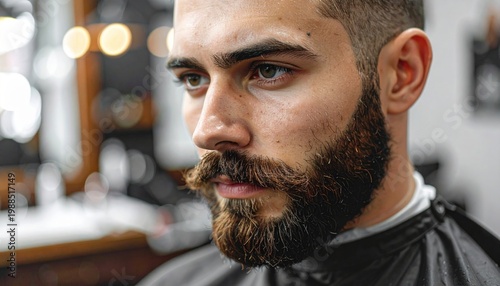 Close-up portrait of a well-groomed man receiving a meticulous beard trim in a modern barbershop.