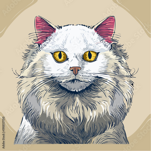 A close-up illustration of a white cat with yellow eyes and pink ears.