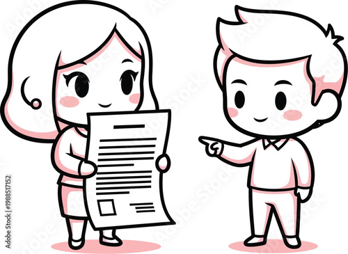 Business contract agreement cute cartoon characters discussing document