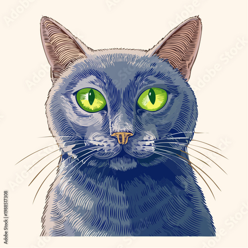 A close-up portrait of a blue cat with green eyes staring forward