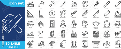 Minimalist Carpentry outine icons set with editable stroke. Containing Carpentry, handyman, tools and more.