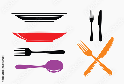 A collection of kitchen utensils and dishes on a white background Vector, EPS