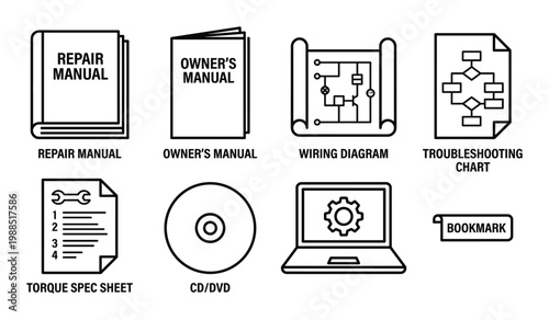 Automotive repair manual icons vector set outline style for owner maintenance guide illustration