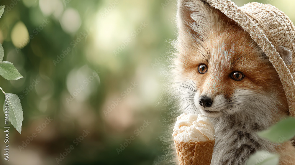 Obraz premium Red fox cartoon character wearing sunglasses and a hat, happily enjoying a refreshing ice cream cone, symbolizing summer joy, sweet treats, and cool relaxation