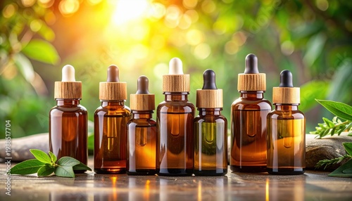 Collection of amber glass essential oil bottles with droppers in natural outdoor setting