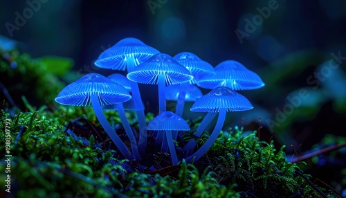 Cluster of Ethereal Blue Bioluminescent Mushrooms Illuminated in a Mystical Forest Setting
