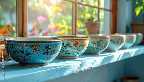 Collection of Hand-Painted Ceramic Bowls with Floral Designs on a Sunlit Window Sill
