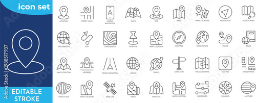 Maps icon set. Editable stroke. Containing maps, location, GPS, navigation, city map, atlas, route, direction, pin and more. Outline Icon Collection.