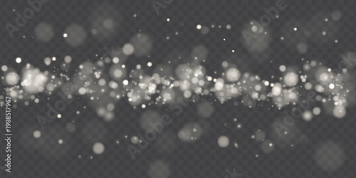 White dust light, blending sparkle, shimmer, glitter across bokeh. Twinkle particle, stardust highlights flare. Magical festive sparks with glare, lens flare illuminate the PNG vector illustration