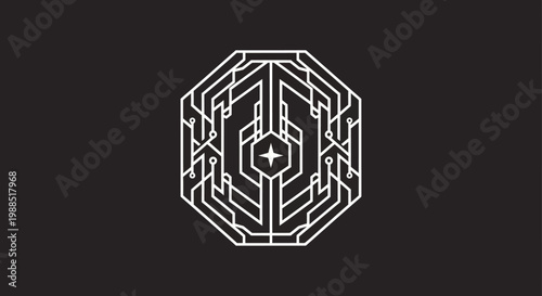 Futuristic geometric circuit logo on dark background