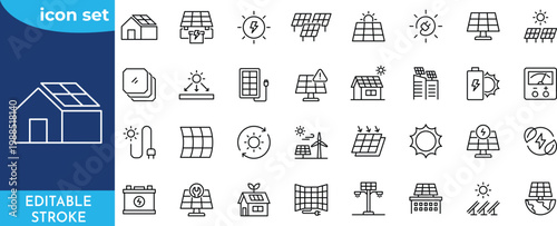 Solar Energy line editable icon set. Editable stroke. Vector