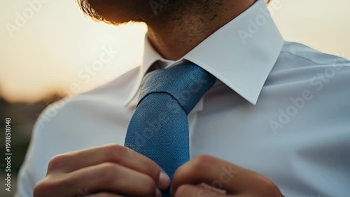 Close-Up of Businessman Adjusting Tie at Sunset, Professional Attire, Corporate Elegance, Suit Fashion, Grooming Ritual in Warm Evening Light