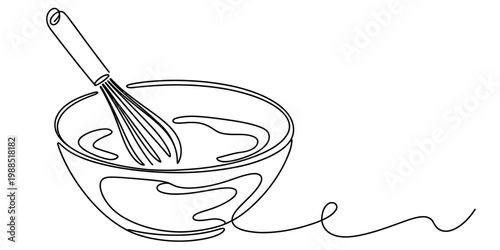 Minimalist one line art illustration of a metal whisk inside a deep ceramic mixing bowl for baking Vector, illustration