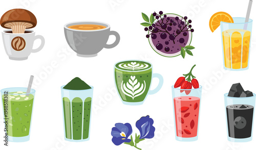 Superfood Wellness Beverage Icon Set Featuring Mushroom Coffee, Matcha Latte, Goji Berry Smoothie, Activated Charcoal Drink, and Blue Butterfly Pea Tea