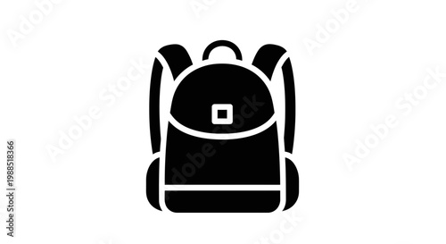 A minimalist black and white vector graphic illustration of a backpack