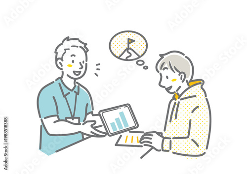 A fitness club instructor giving a membership explanation to a man listening to it - a simple and stylish line drawing illustration.