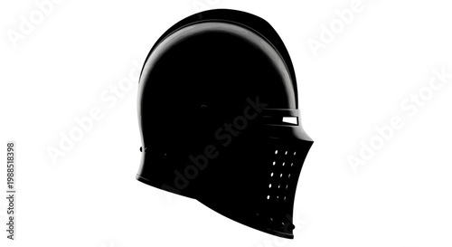 A black helmet with a face guard and ventilation holes on a white background