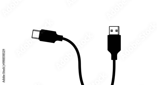 A minimalist vector graphic of a USB cable with a USB-C connector on one end and a standard USB connector on the other