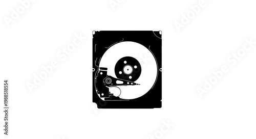 A black and white vector graphic illustration of a hard drive disk