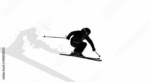 A black silhouette of a skier in motion on a snowy slope with a shadow