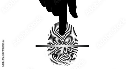 A black silhouette of a hand pressing a finger onto a fingerprint with a horizontal line across it on a white background