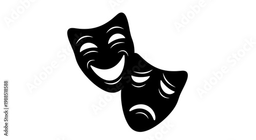 A vector graphic illustration of two comedy and tragedy masks in a minimalist flat design style