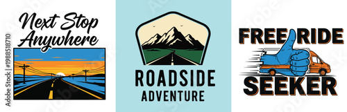 Travel stickers with road trip and adventure themes on a white background design