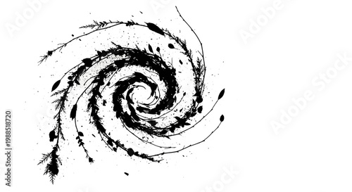 A minimalist black spiral design on a white background, resembling a whirlpool or a swirling vortex.