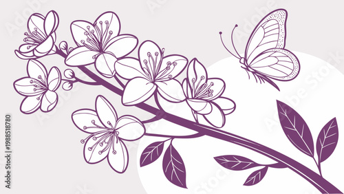 Delicate cherry blossom branch with a butterfly fluttering nearby, symbolizing spring and new beginnings.