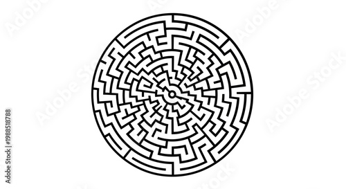 A circular maze illustration with a complex path in a minimalist design style