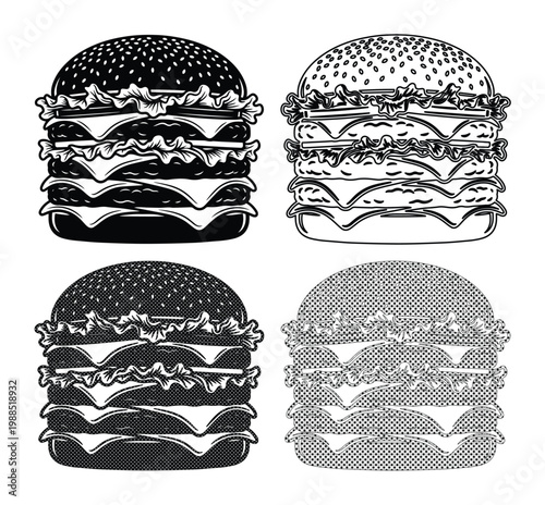 Set of 4 Black and White Engraved Triple Cheeseburger Illustrations