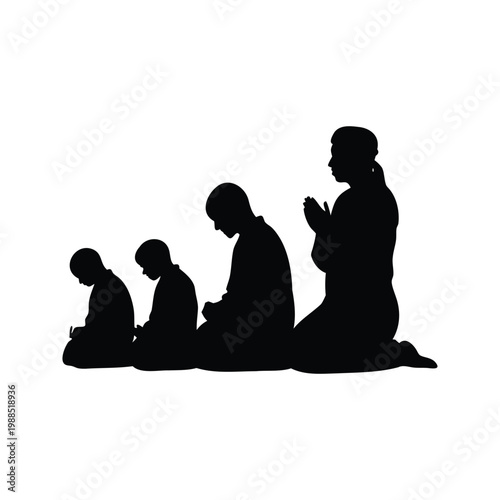 Silhouette of a family praying together in a peaceful moment silhouette vector illustration, muslim family praying together silhouette vector illustration