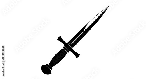 A black silhouette of a dagger with a pointed blade and handle on a white background