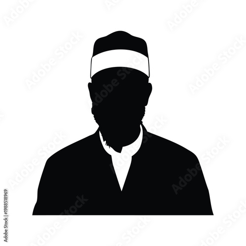 Black and white silhouette of a man wearing a cap and tie, vector illustration design, muslim man wearing kufi silhouette vector illustration