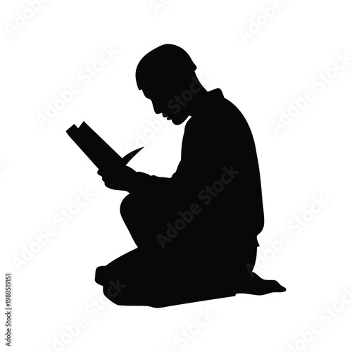 Silhouette of person reading a book in prayer position vector illustration, muslim reading quran silhouette vector illustration