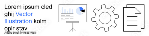 Data analysis, workflow optimization, business strategy, presentation tools, operational planning, document management. A chart on a screen, gear and documents. Data analysis and workflow