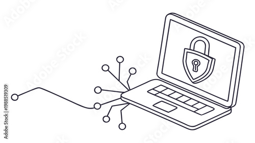 Digital security concept with a locked laptop and network connections