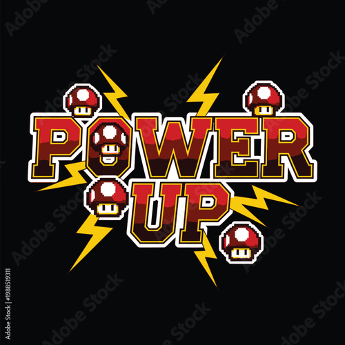 Power Up logo with mushrooms and lightning bolts on black background design