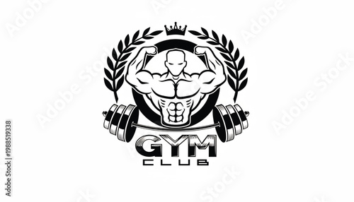 Gym fitness bodybuilding logo with muscular arms, dumbbell icon, laurel wreath, crown and bold GTM text