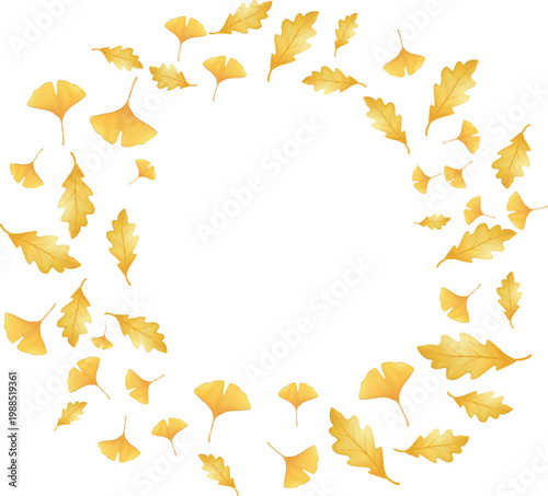 golden yellow ginkgo and oak leaves arranged in a circular wreath  Elegant fall foliage border with copy space Minimalist seasonal design for Thanksgiving autumn promotions or greeting cards