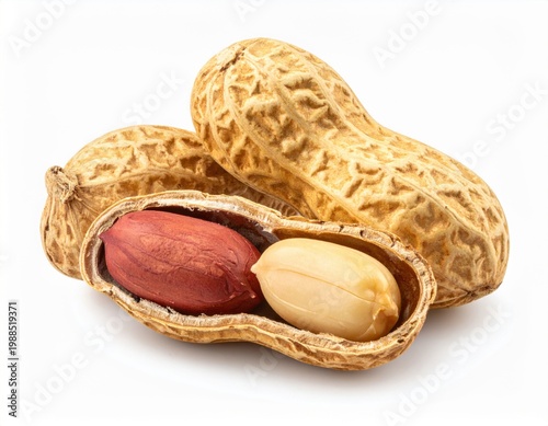 Fresh raw peanuts including intact pods and one broken open showing a shelled red skinned kernel and a blanched kernel, isolated on a clean white background