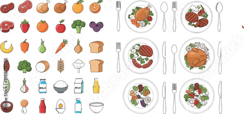 Hand drawn food collection with fruits vegetables meat dairy bread and plated meals healthy nutrition flat vector illustration set