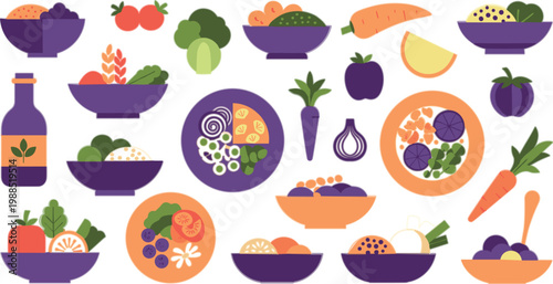 Healthy vegetarian meals and fresh food bowls with fruits vegetables grains and juices colorful flat vector illustration set