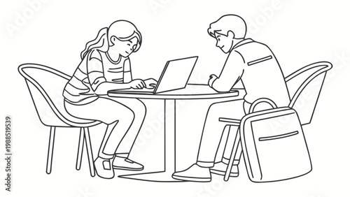 Two young people collaborating on a laptop at a cafe table, focused and engaged in discussion.